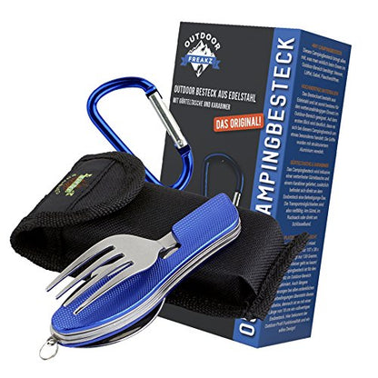 OUTDOOR FREAKZ Cubiertos para cámping plegable - Vajilla de exteriores de acero inoxidable con bolsa de neopreno (blue +)