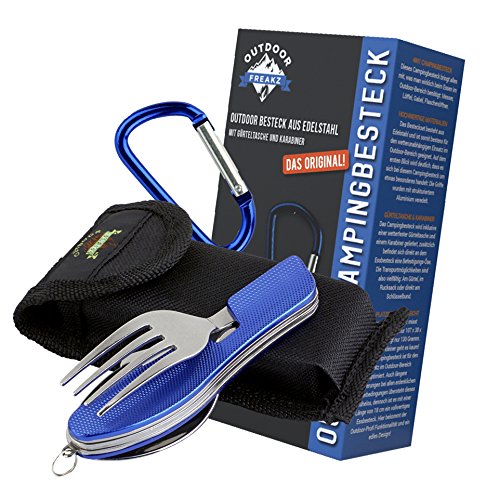OUTDOOR FREAKZ Cubiertos para cámping plegable - Vajilla de exteriores de acero inoxidable con bolsa de neopreno (blue +)