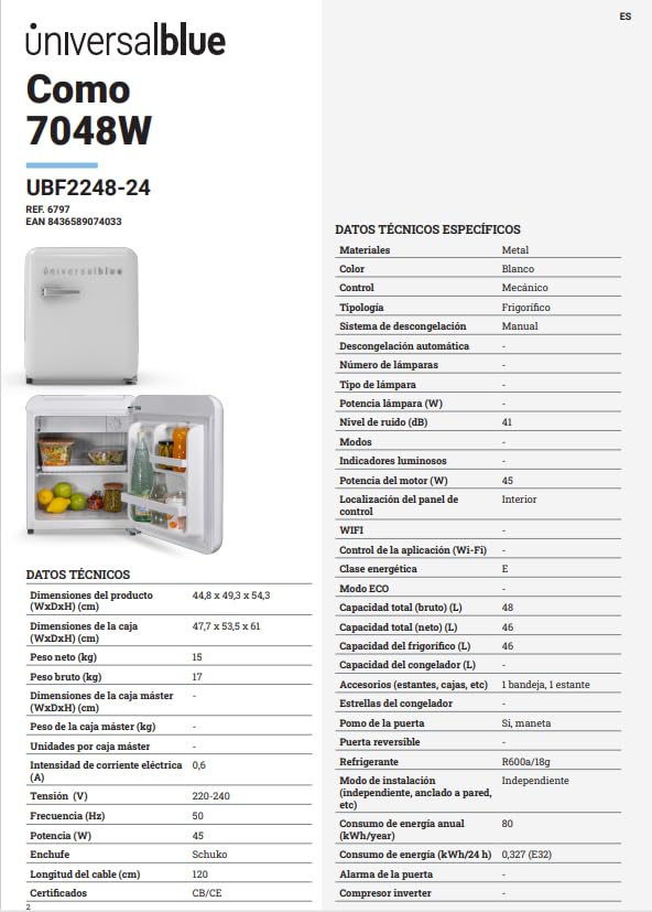 Mini Frigorífico UNIVERSALBLUE 48L Blanco