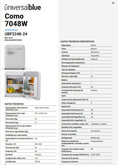 Mini Frigorífico UNIVERSALBLUE 48L Blanco