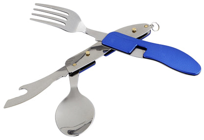 OUTDOOR FREAKZ Cubiertos para cámping plegable - Vajilla de exteriores de acero inoxidable con bolsa de neopreno (blue +)